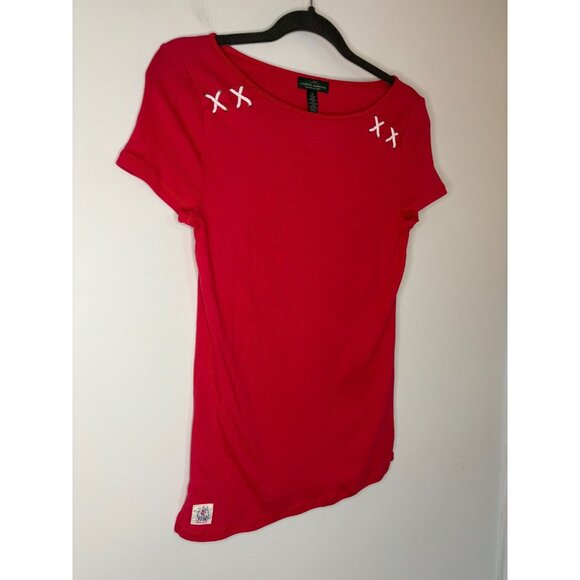 LRL Lauren Jeans Co Short Slv Top Womens M Red Nautical Stretch Criss Cross Rope - Picture 3 of 7